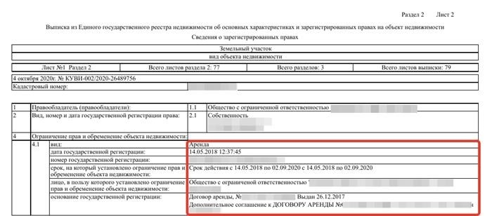 Образец выписки из ЕГРН с показателем аренды